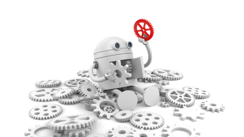 Illustration of a broken robot exchanging internal gears.