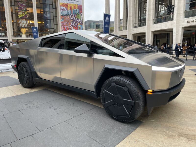 Tesla's boxy cybertruck displayed outdoors in New York.
