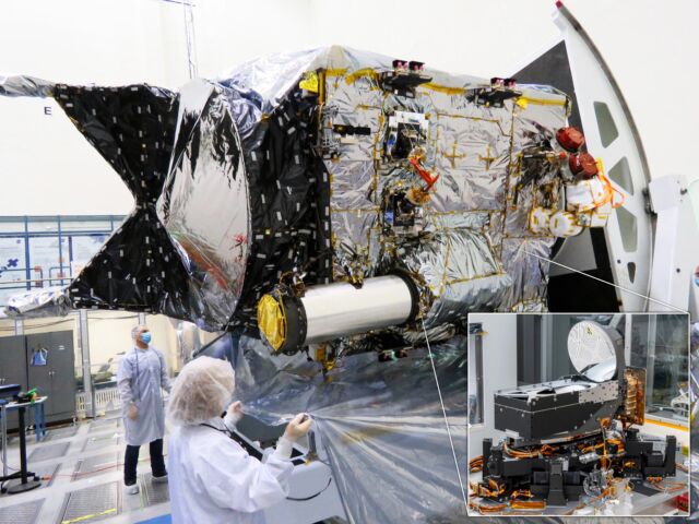 The Deep Space Optical Communications (DSOC) experiment is installed on NASA's Psyche spacecraft on its way to an asteroid.  The inset image shows the device's telescope mirror for receiving and transmitting laser signals.