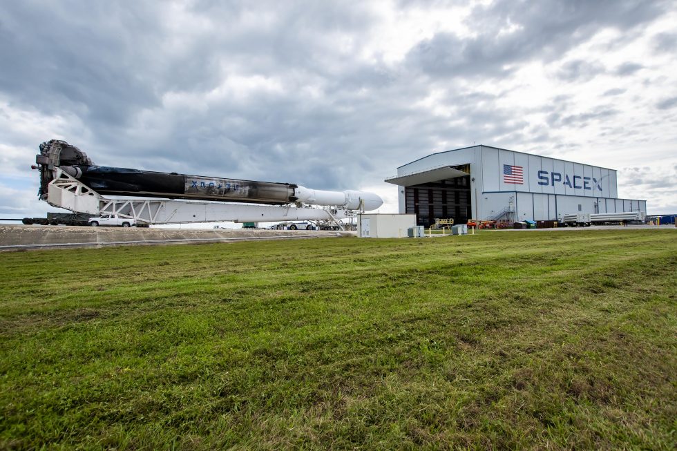 A SpaceX Falcon Heavy rocket is seen outside the company's hangar at Kennedy Space Center, Florida.