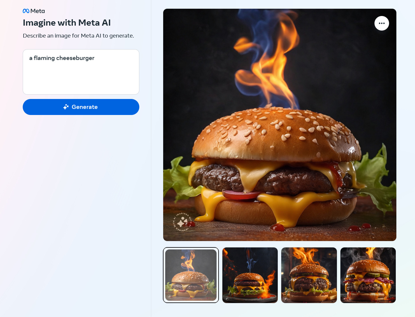 AI-generated images of a flaming cheeseburger created by Meta Emu on the Imagine with Meta AI website.