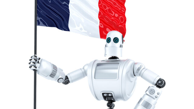 Imagem de um robô segurando uma bandeira francesa que representa simbolicamente a ascensão da IA ​​na França devido ao Mistral.  É difícil fazer um desenho de LLM, então um robô terá que servir.