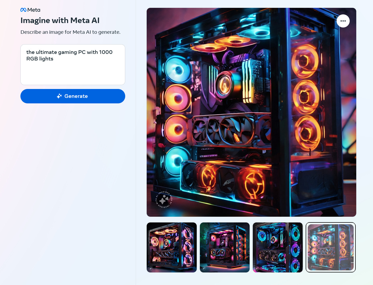 AI-generated images of the ultimate gaming PC with 1,000 RGB lights created by Meta Emu on the Imagine with Meta AI website.