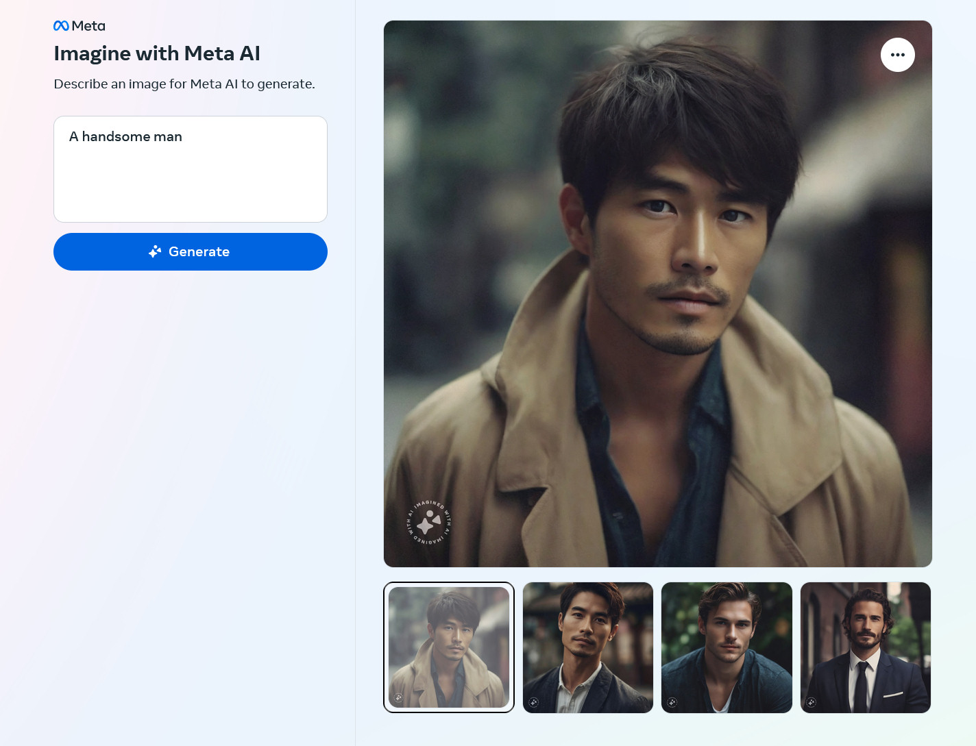 AI-generated images of a handsome man created by Meta Emu on the Imagine with Meta AI website.