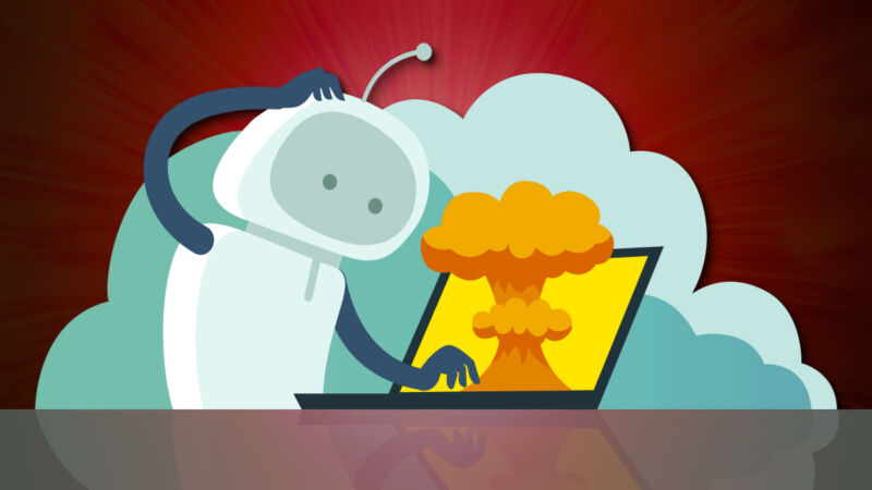 An illustration of a robot accidentally setting off a mushroom cloud on a laptop computer.