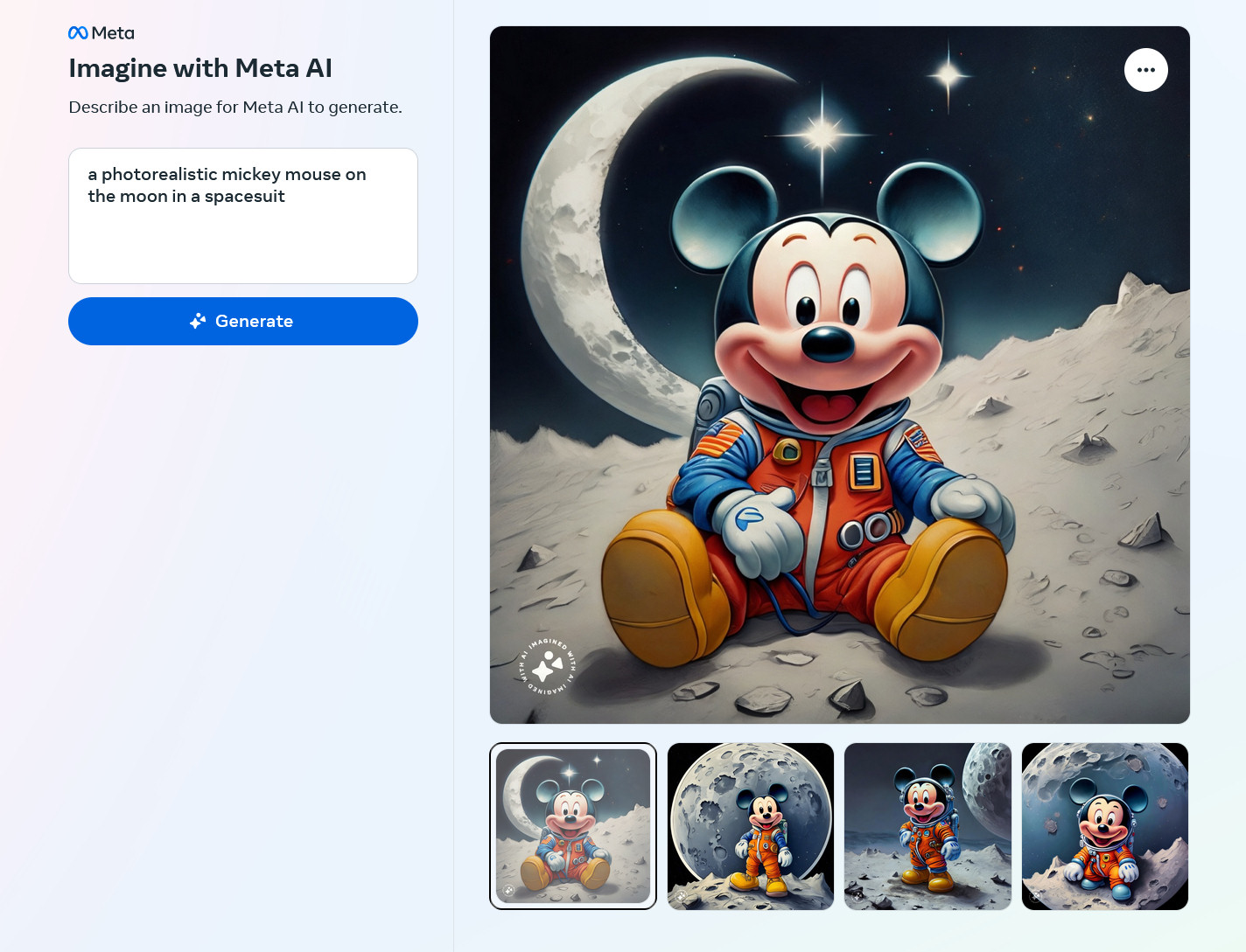 AI-generated images of a photorealistic Mickey Mouse on the moon in a spacesuit created by Meta Emu on the Imagine with Meta AI website.