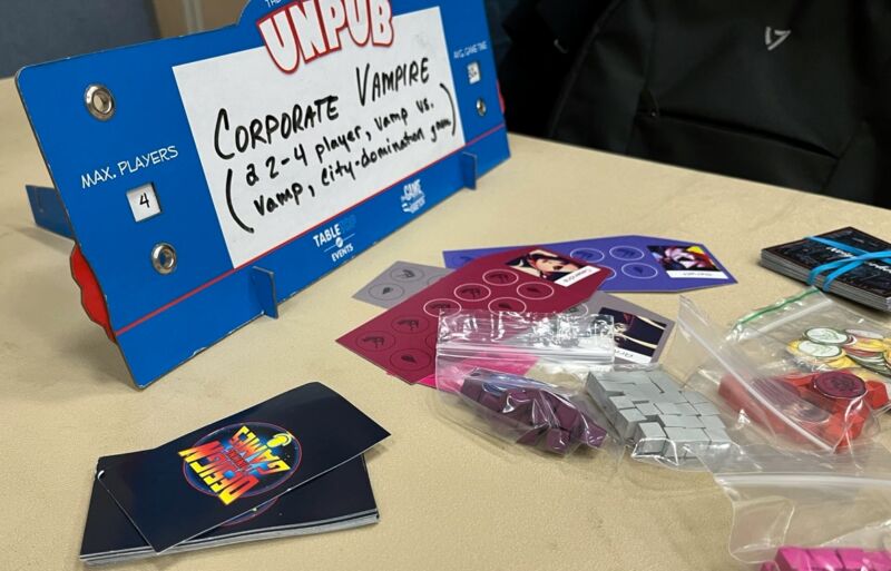 Corporate Vampire testing pitch at PAX Unplugged 2023