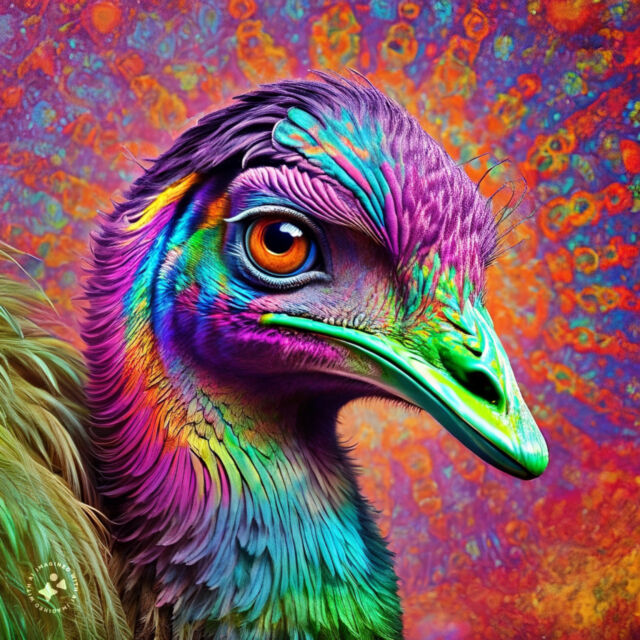 An AI-generated image of a psychedelic emu created on the Imagine with Meta AI website.