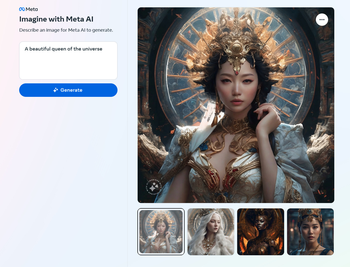 AI-generated images of a beautiful queen of the universe created by Meta Emu on the Imagine with Meta AI website.