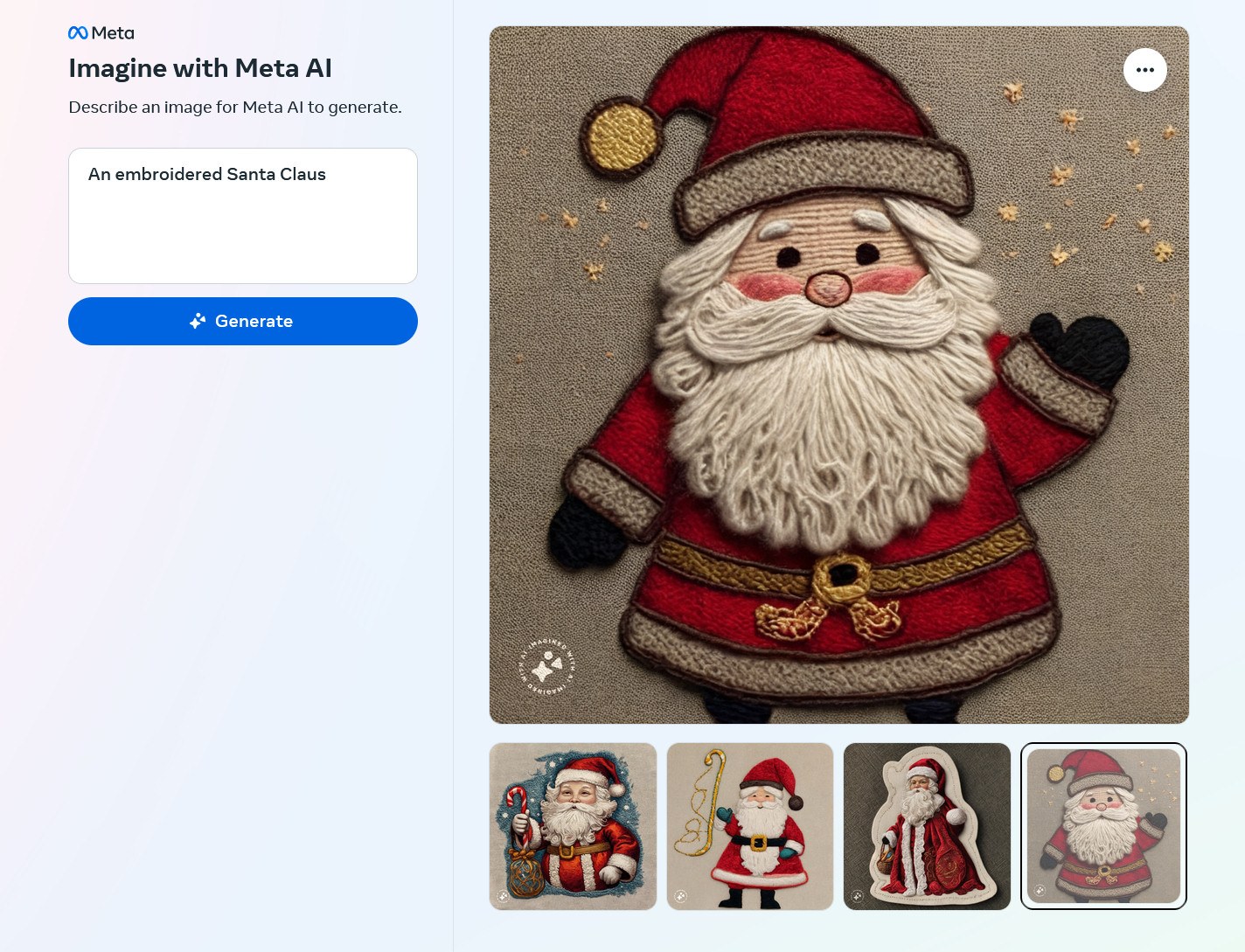 AI-generated images of an embroidered Santa Claus created by Meta Emu on the Imagine with Meta AI website.
