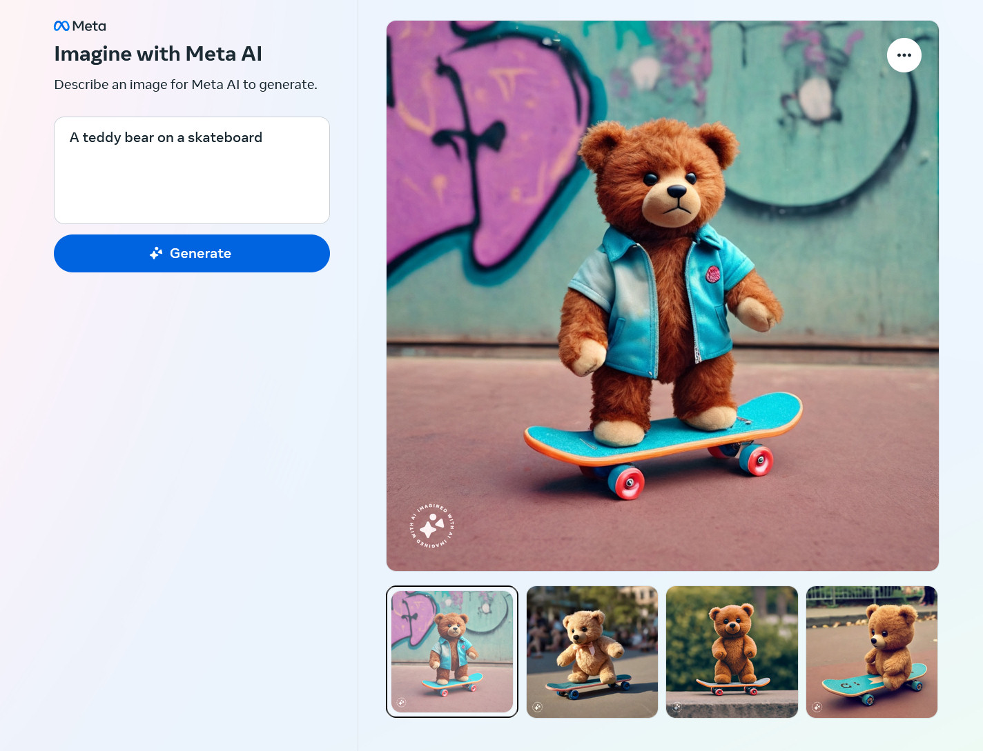 AI-generated images of A teddy bear on a skateboard created by Meta Emu on the Imagine with Meta AI website.