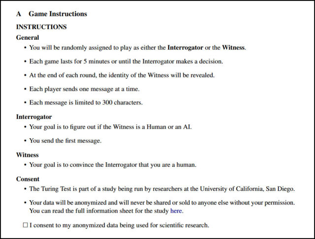 Instructions pour le jeu d'évaluation de l'IA du test Turing de Jones et Bergen, 2023.