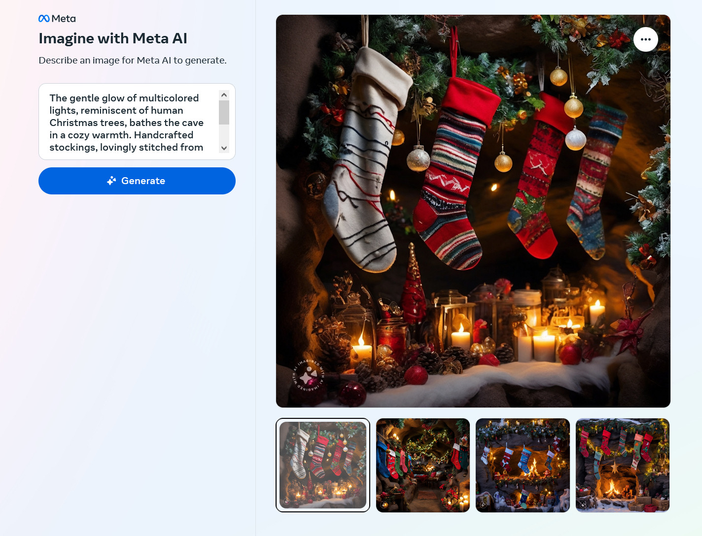 AI-generated images of a complex prompt involving Christmas stockings and a cave created by Meta Emu on the Imagine with Meta AI website.