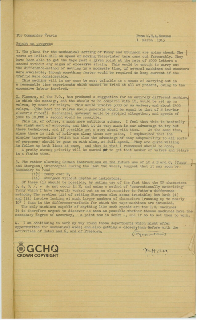 Una carta de 1943 que relata el trabajo realizado para descifrar las comunicaciones entre nazis, proporcionada por el GCHQ.