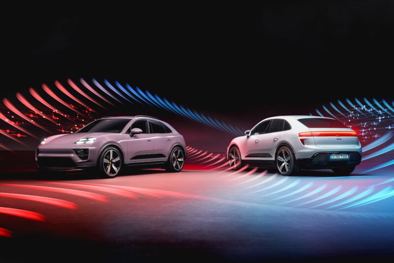 A pair of Macan EVs with dramatic light effects overlayed.