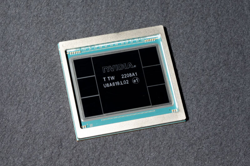 An Nvidia H100 graphics processor chip.
