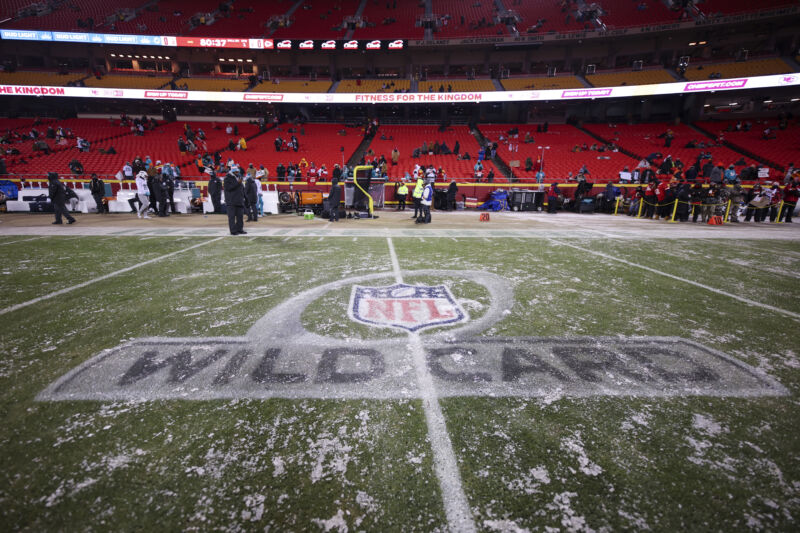 JANUARY 13: NFL Wild Card signage on field prior to an NFL Super Wild Card Weekend playoff game between the Miami Dolphins and the Kansas City Chiefs at GEHA Field at Arrowhead Stadium on January 13, 2024, in Kansas City, Missouri.