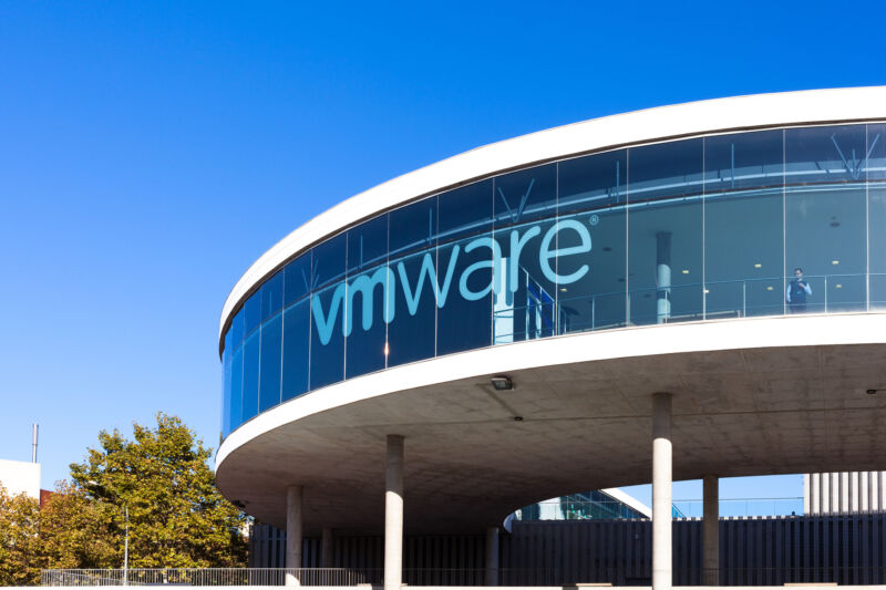 VMware logo on a glass building