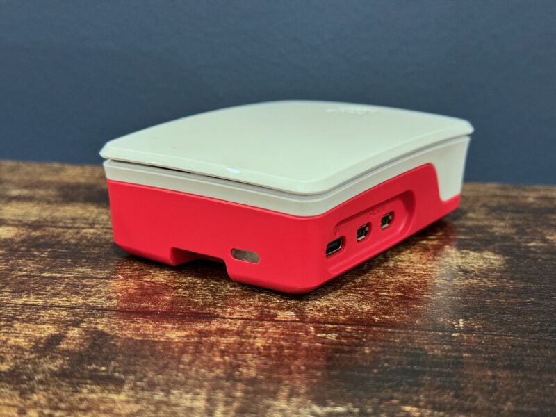 The Raspberry Pi 5 inside its official case.