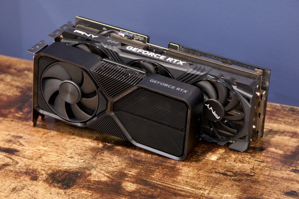Like most OEM cards, Nvidia's partners tend toward large triple-fan designs most of the time. Unlike other RTX cards, Nvidia doesn't make a Founders Edition version of the 4070 Ti Super. PNY's card is pictured here next to a regular 4070 Super.