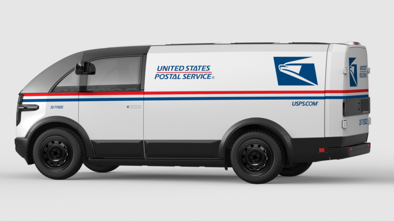 An image of a Canoo LDV in USPS colors