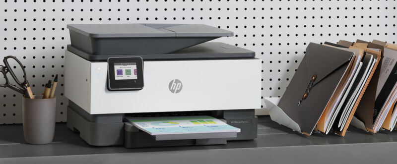HP printer on a shelf