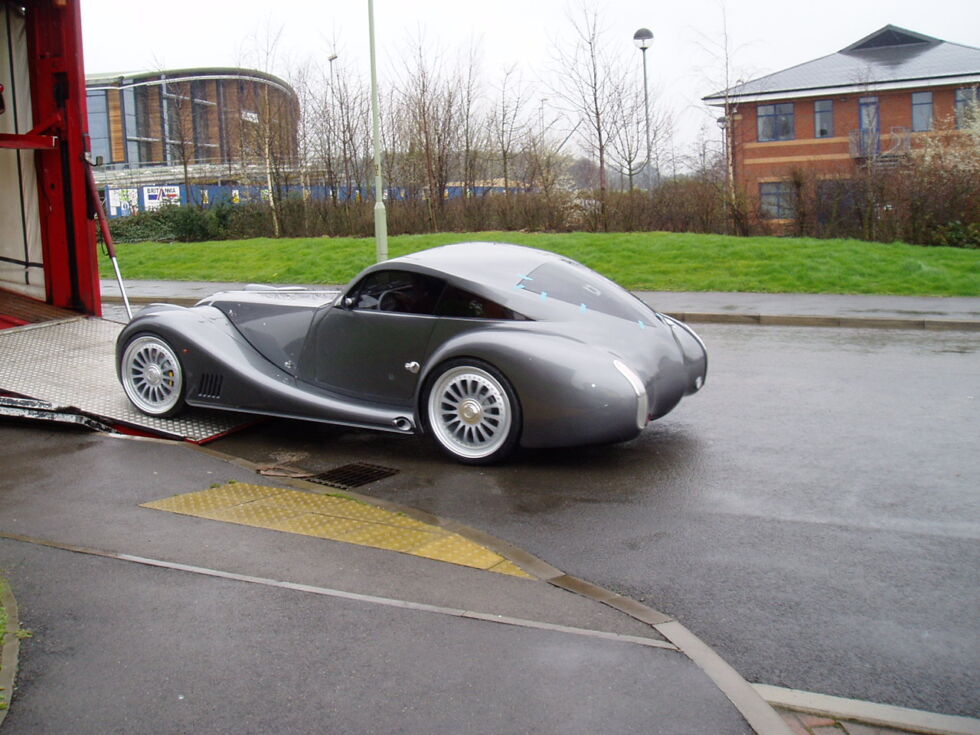 The Morgan AeroMax show car on the way to Geneva.