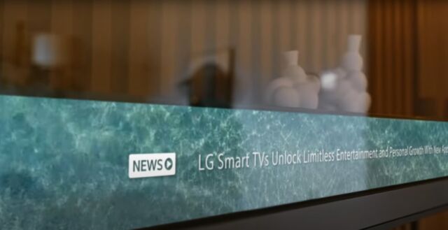 LG says the bottom area can show show things like news, even when the TV's transparent, and provide different colored lighting for ambiance. This picture from LG shows simulated images. 