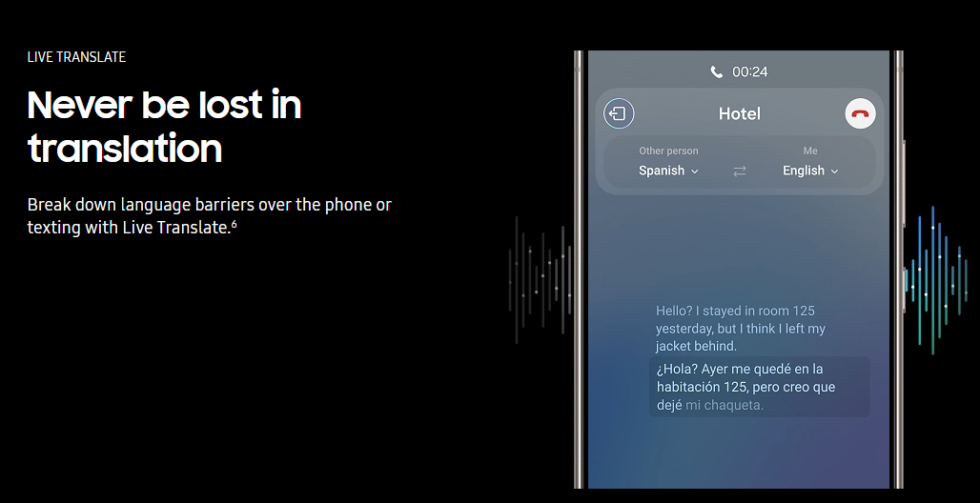 El Galaxy S24 "traducir en vivo" función en la aplicación del teléfono.  Puede hablar un idioma y la aplicación del teléfono repetirá su mensaje en un idioma diferente después de un retraso. 