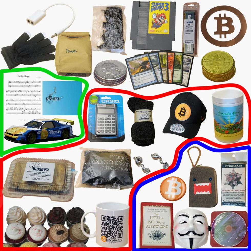 A collage from Meiklejohn’s research paper showing every object she bought with Bitcoin in her tracing experiments.