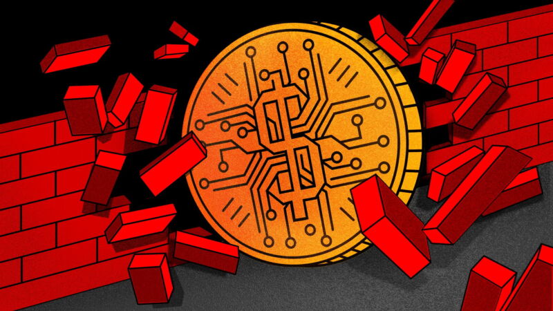 illustration of cryptocurrency breaking through brick wall