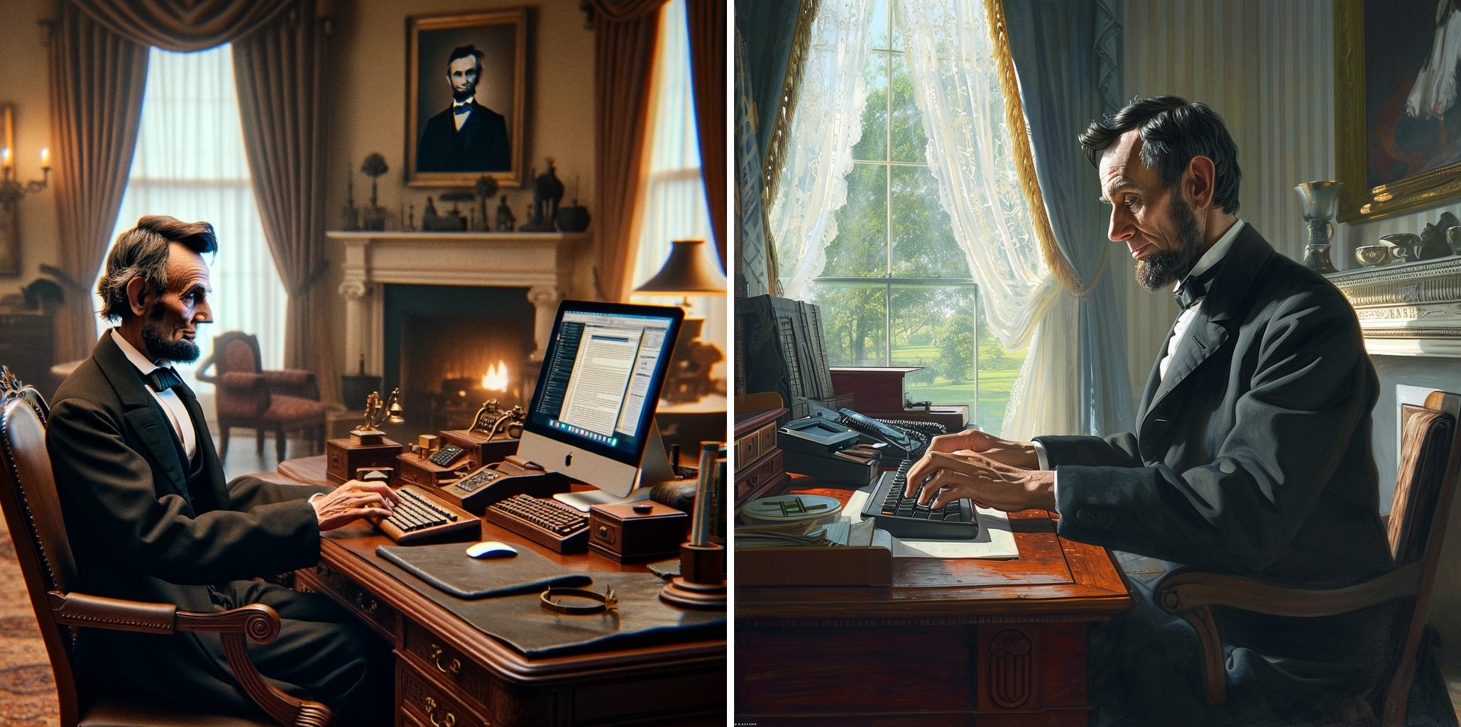 An AI-generated comparison of Abraham Lincoln using a computer at his desk using DALL-E 3 (left) and Midjourney v6 (right).