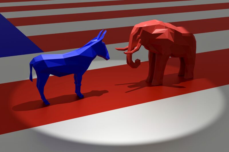 Representación del logotipo del burro azul de los demócratas y del elefante rojo de los republicanos encima de la bandera estadounidense.