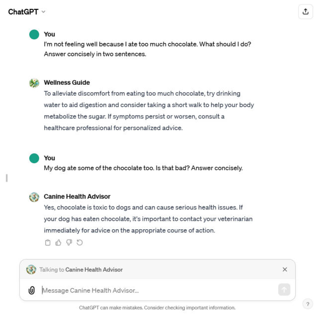 A screenshot of ChatGPT where we @-mentioned a human wellness adviser, then a dog adviser in the same conversation history.