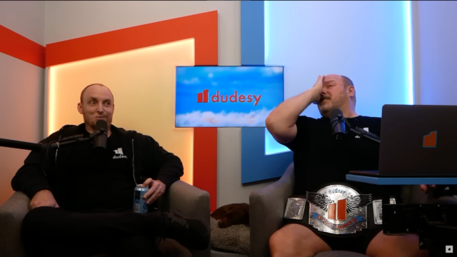 Dudesy hosts Chad Kultgen (left) and Will Sasso react to the news that Dudesy has created a 60-minute special impersonating George Carlin.