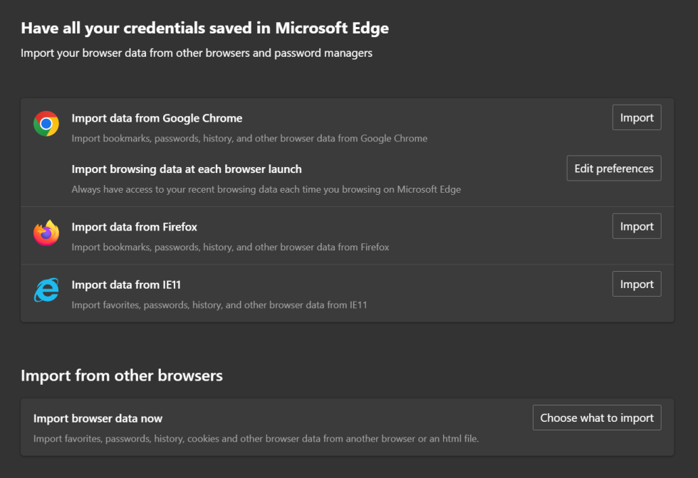 The Edge setting as seen on a Windows 11 23H2 system running Edge 122. You can have data continuously imported from Chrome or on demand from Firefox, but other browsers don't appear.