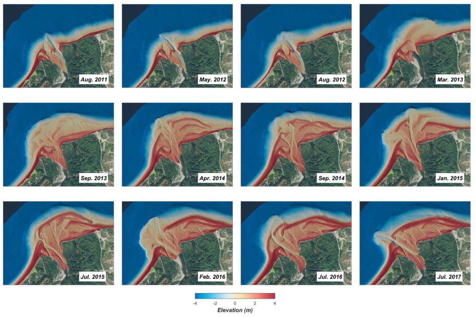 These satellite images show the evolution of the shoreline around the mouth of the Elwha River before, during, and after dam removal between 2011 and 2017.