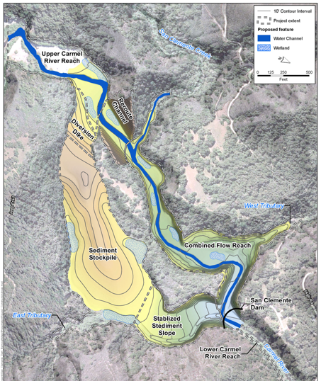 This map shows where the Carmel River was rerouted during dam removal, which left most of its reservoir sediment in place.