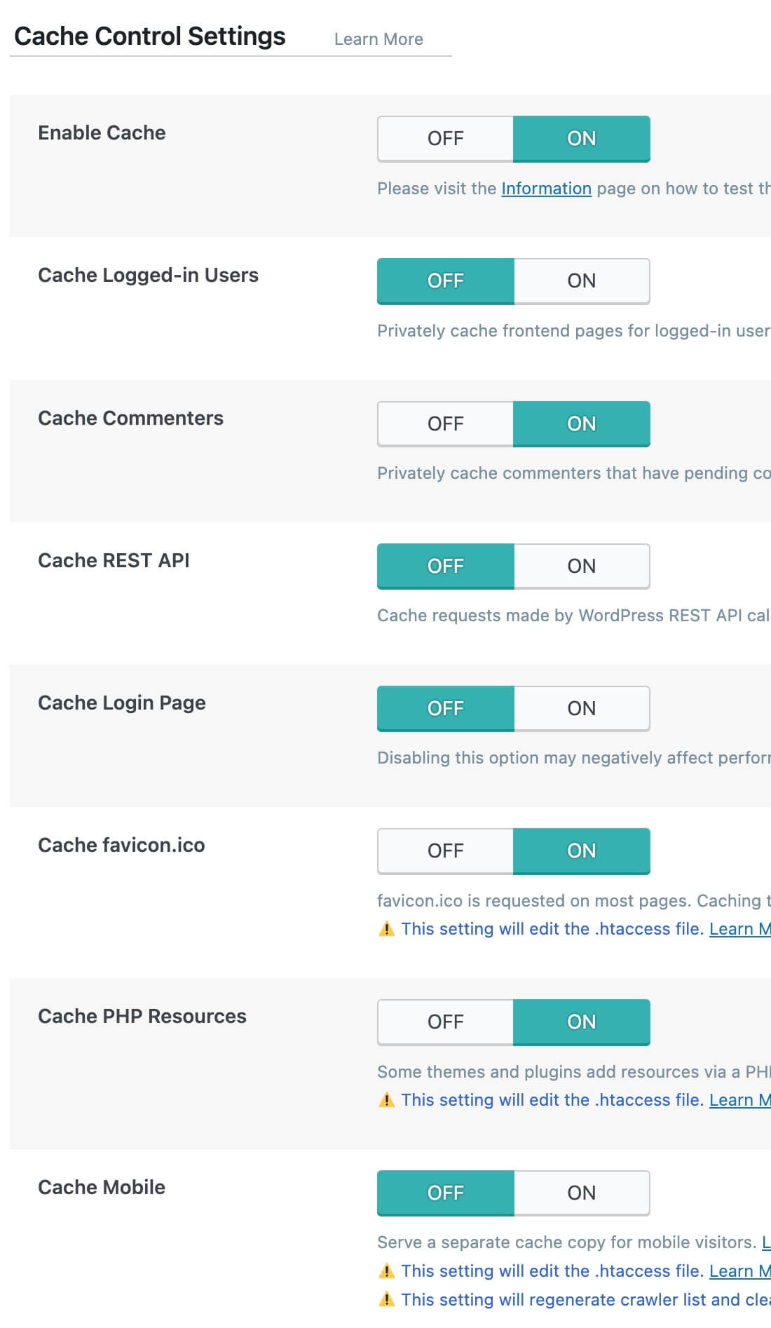 Just a taste of the options that await within the LiteSpeed Cache WordPress plugin.
