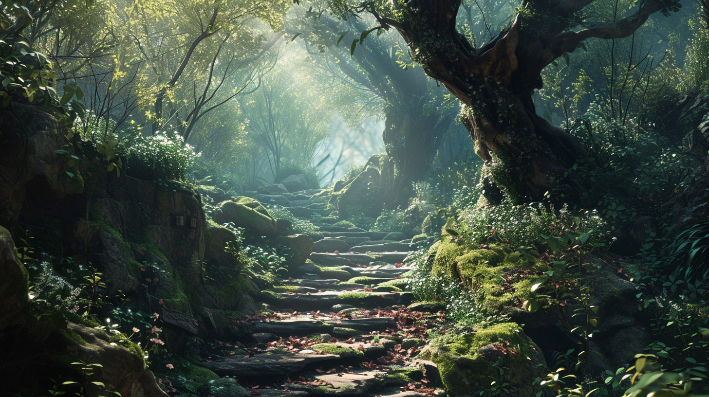 An AI-generated image of a forest path created using alpha Midjourney v6.