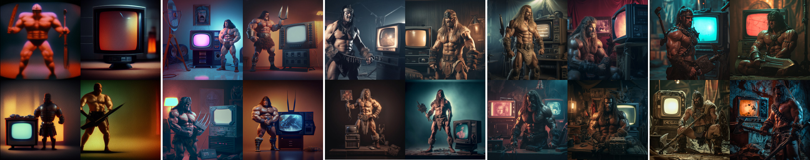 A comparison between output from Midjourney versions (from left to right: v3, v4, v5, v5.2, v6) with the prompt a muscular barbarian with weapons beside a CRT television set, cinematic, 8K, studio lighting.