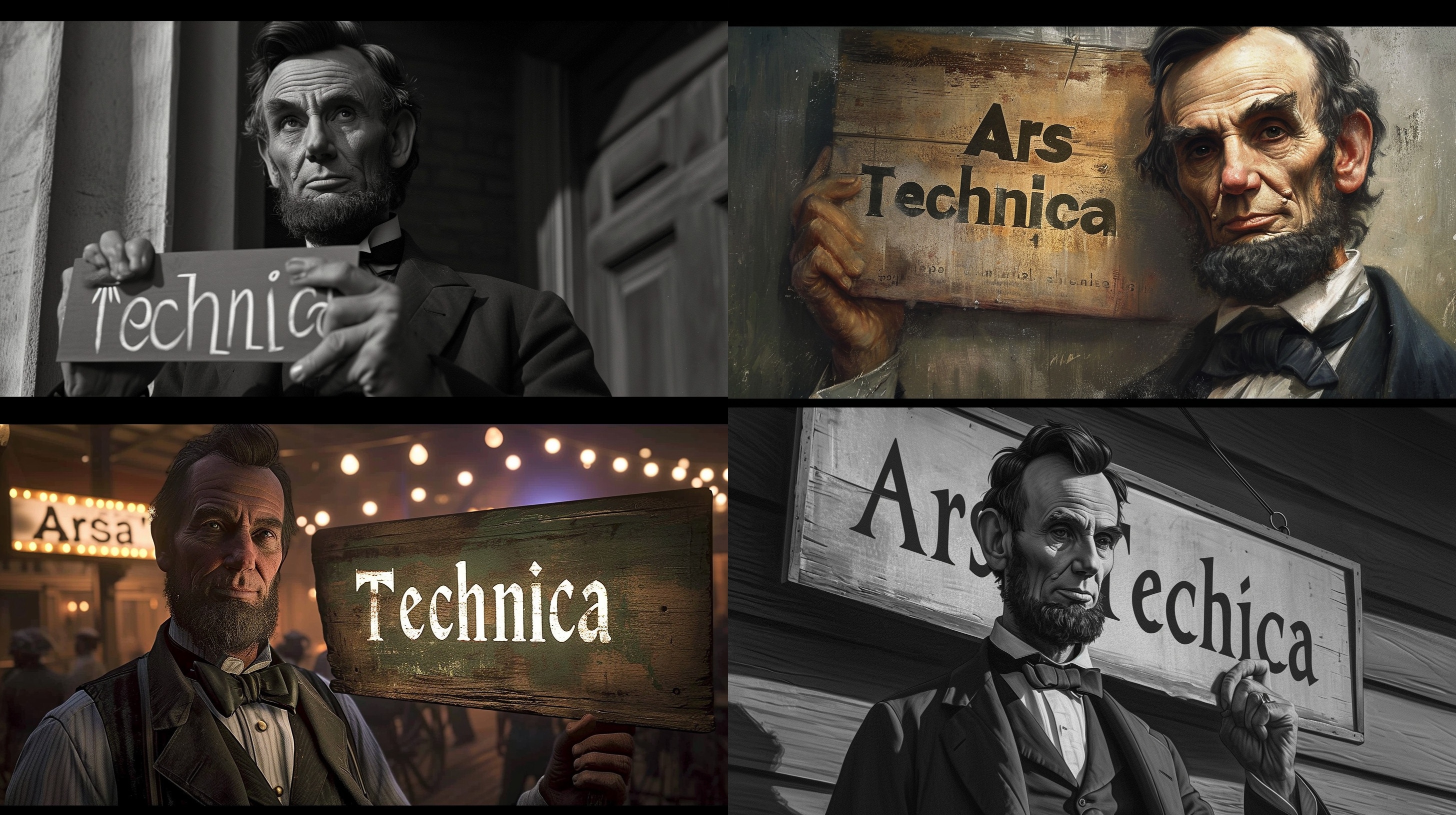 An AI-generated image of Abraham Lincoln holding a sign that says Ars Technica created using alpha Midjourney v6.
