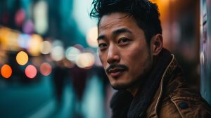 An AI-generated image of "a handsome Asian man" created using alpha Midjourney v6.