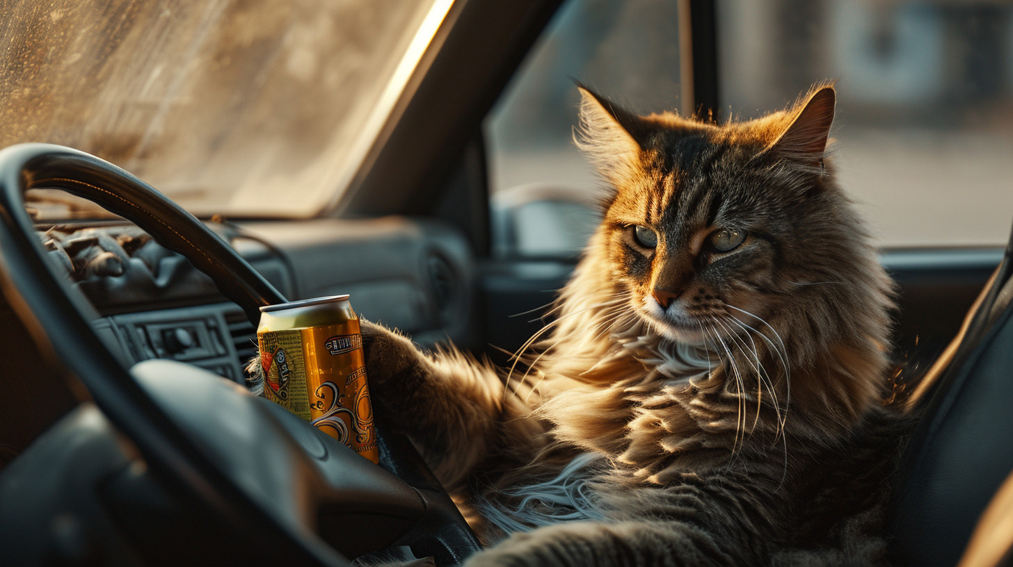 An AI-generated image of a photo of a cat in a car holding a can of beer created using alpha Midjourney v6.
