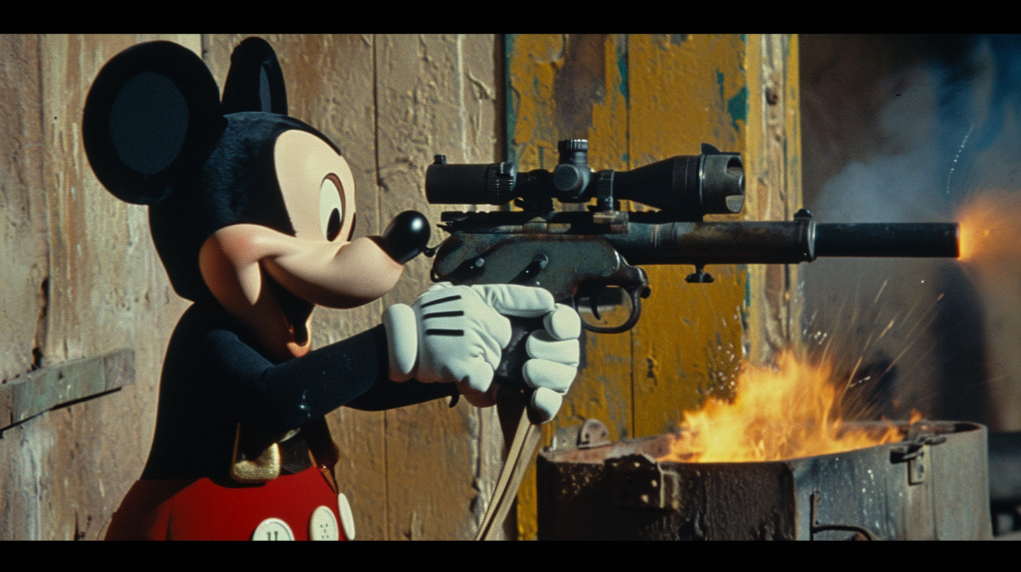 An AI-generated image of Mickey Mouse holding a machine gun created using alpha Midjourney v6.