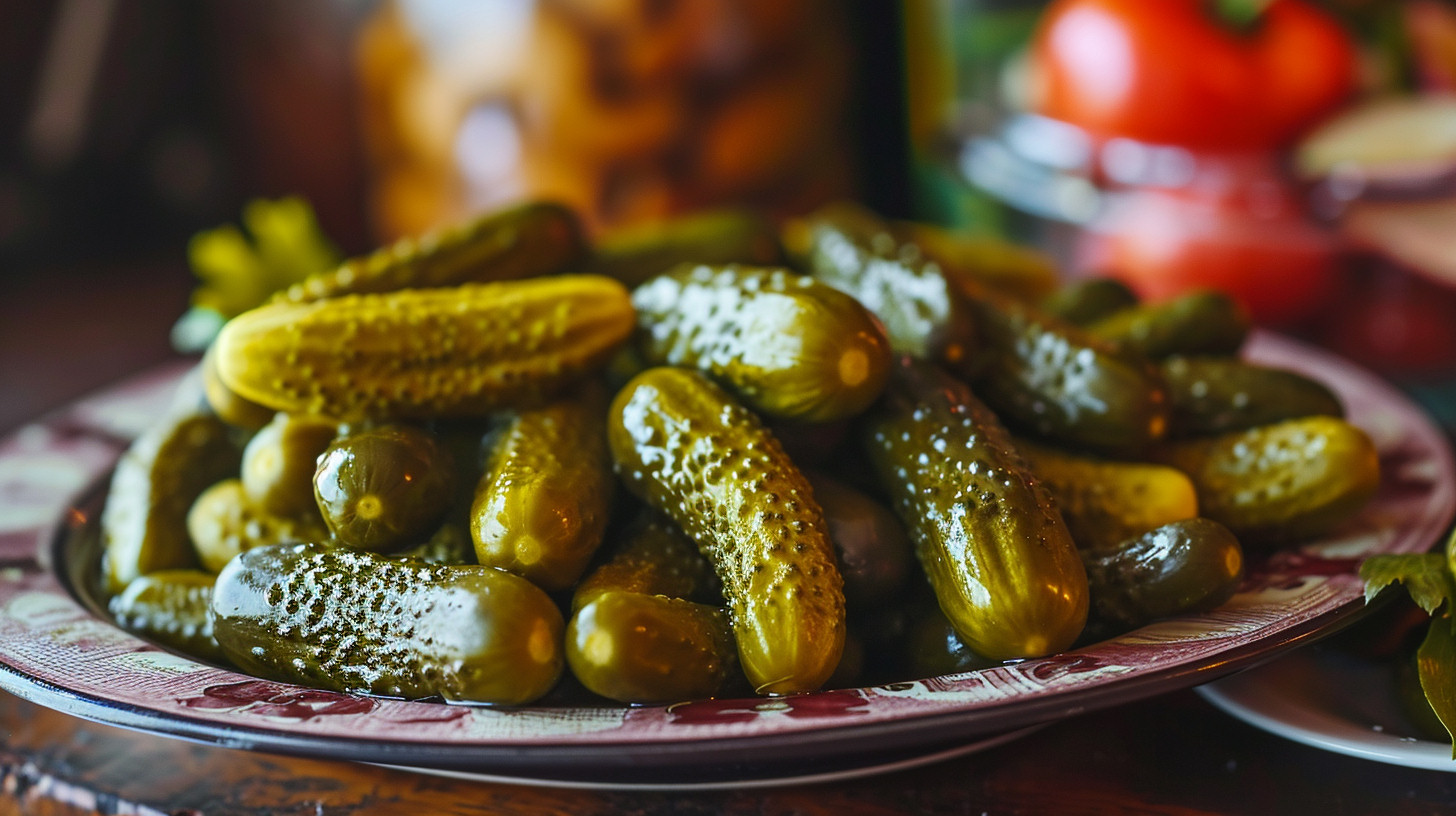 An AI-generated image of a plate of delicious pickles created using alpha Midjourney v6.