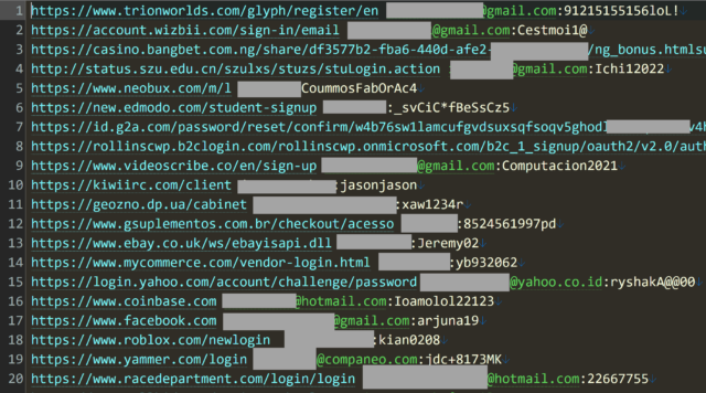 Screenshot showing a sample of 20 credential pairs, with usernames redacted.