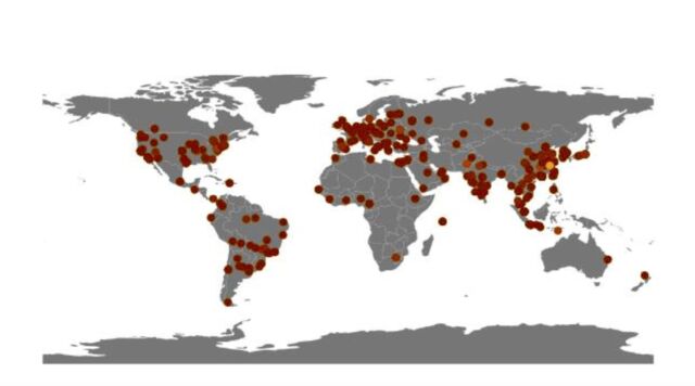 Mapa de calor de geolocalização global de fontes de ataque NoaBot.