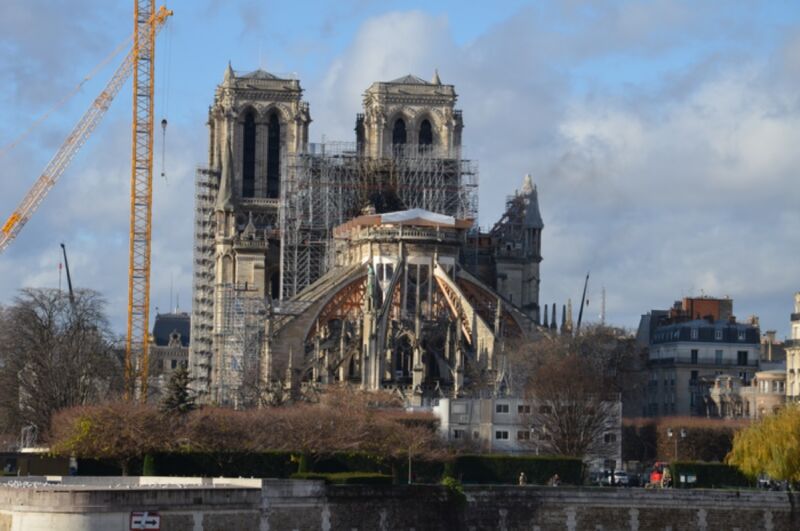View of the chevet of Notre-Dame de Paris under restoration.