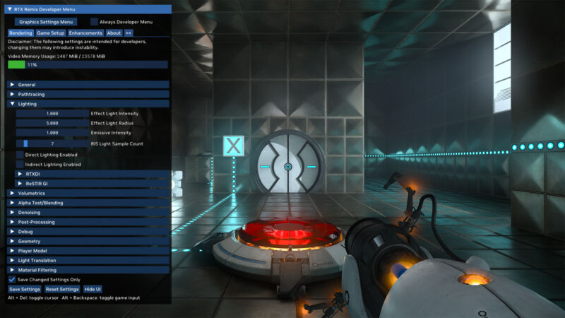 A sample of the RTX Remix user interface being used to develop  the enhanced <em>Portal with RTX.</em>